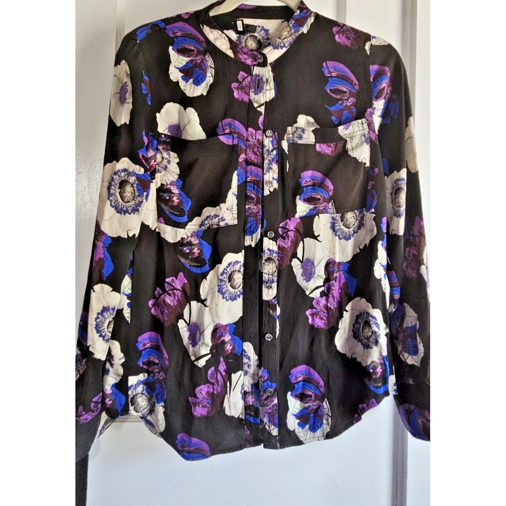 J‎ Crew collarless 2 large chest pockets silk top violet poppy Sz 2